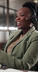 Happy, coffee and black woman in office at night with calm, break or positive customer review. Cappuccino, smile and virtual assistant with warm beverage for project deadline with relax in workplace.
