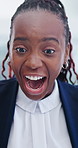 Woman, surprise and excited in office with tech, applause and bonus notification for investment deal. Happy, black person and shock in business with email, clapping or reward for funding acquisition.