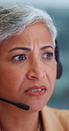 Confused, headset and woman in call center, talking or problem solving for account enquiry. Help desk, customer support or serious mature person with transaction check, fraud prevention or doubt