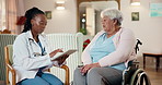 Doctor, tablet and old woman in house with wheelchair, wellness survey or stroke recovery discussion. Healthcare worker, tech and senior person with disability, home visit or conversation for healing