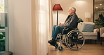 Thinking, window and senior man in wheelchair at house with nostalgia, memory or remember retirement. Reflection, perspective and elderly person with disability in living room for decision on pension