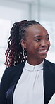 Meeting, conversation and black woman in office with finance advice, smile and proposal for growth. Happy, person and financial advisor in business with discussion, planning or how to increase income