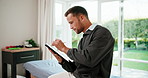 Physiotherapist, online and man with tablet in office, healthcare or reading patient records on web. Physical therapy, stylus and writing treatment plan on app, research and person with technology