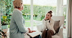 Notebook, psychology and woman with therapist in office for support, advice or consultation. Writing, discussion and patient with psychiatrist for counseling session on mental health evaluation.
