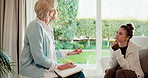Notebook, discussion and woman with therapist in office for support, advice or consultation. Guidance, psychology and patient with psychiatrist for counseling session on mental health evaluation.