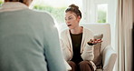 Psychology, shrug and woman in conversation with therapist for advice, healing or healthcare. Communication, mental health and question with people in therapy clinic for ptsd or trauma counselling