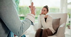 Psychology, therapy and woman in conversation with counselor for advice, healing or healthcare. Communication, counselling and mental health with people in clinic session for ptsd or trauma support