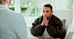 Thinking, man and therapist in office for counseling, guidance and listening for mental health. Psychologist, consulting and male person with depression, therapy session and advice for rehabilitation