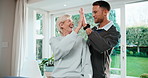 Physiotherapy, high five and senior woman with dumbbells, physiotherapist and talking for advice. Man, healthcare and wellness with old patient at clinic for success, happy and rehabilitation