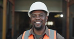 Face, engineer and happy black man at warehouse for industrial logistics, ppe and laughing. Smile, shipping professional and funny person with safety helmet for distribution, supply chain or portrait