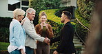 Mature, family or keys with realtor, handshake or deal for new home, mortgage loan or sale together. Mom, dad and adult daughter shaking hands with smile for real estate, property agreement or house