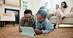 Smile, father and child at house with tablet, internet search and download games for education. Happy, man and kid in lounge with digital app, browsing website and online video for learning support