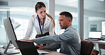 Computer, help and manager with woman in office for feedback, advice and training at finance agency. Corporate, talking and business people on tech for financial report, planning and audit review