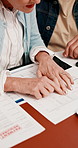 Hands, old couple and document in home for finance,  expenses or asset management with taxes. People, review or debt payment with budget paper, pension fund or calculator for rent cost in retirement