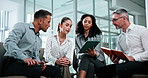 Lobby, discussion and business people with tech for teamwork, project collaboration and review. Conversation, office and manager with employee on tablet for b2b deal, online proposal and feedback