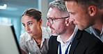 Computer, help and manager with team in office for feedback, advice and training at finance agency. Corporate, talking and business people on tech with mentor for financial report, planning or review