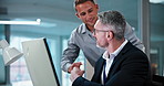 Computer, help and business men with fist bump for feedback, advice and training at finance agency. Corporate, talking and people on tech with agreement for financial report, planning or audit review