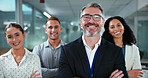 Crossed arms, smile and face of business people in office with confidence for finance career. Happy, professional and portrait of financial advisors with manager for about us, pride or opportunity.