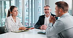 Human resources, recruitment and business people with tablet for hiring opportunity in office. Conversation, meeting or interview with managers and candidate with tech, resume feedback or review