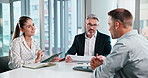 Human resources, recruitment and business people with tablet in office for hiring opportunity. Conversation, meeting or interview with managers and candidate with tech, resume feedback or review
