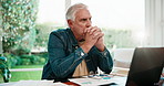 Mature, man and thinking with laptop in home for finance, budget crisis or tax inflation. Male person, debt or paperwork with computer or expenses for financial mistake, loan or bad news in house