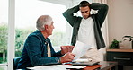 Argument, old dad or man in home with paper, payment pressure or bankruptcy in financial management. Conflict, senior person or adult son with document, missing bill or loss in family debt planning.