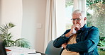 Glasses, freelancer and man with laptop in home for wealth manager, reading good news and smile. Financial advisor, happy and mature person with tech, remote work and excited in house with paperwork