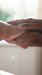 Holding hands, family and old person at house for comfort, empathy and support for cancer diagnosis. Daughter, consoling and senior mother in lounge with sympathy, elderly care and hope for treatment