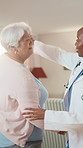 Doctor, holding hands and dance at house with old woman, good news and celebrate for positive diagnosis. Happy, person and senior patient in home with rhythm, support and moving for treatment success