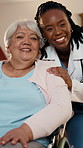 Face, caregiver and senior woman in wheelchair with support, retirement care and smile in house. Nurse, happy and elderly person with disability in nursing home, assisted living and friendly service