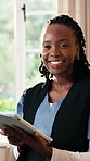 Face, home and nurse on tablet for medical service, research or support for healthcare career. Happy, portrait and black woman on tech for health report, confidence and website for assisted living