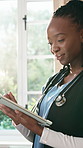 Online, home and nurse on tablet for medical service, research or support for healthcare career. Happy, house and black woman on tech for health report, treatment plan or schedule for assisted living