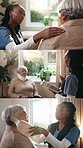 Senior, nurse and woman with neck injury in retirement home for medical consultation or recovery. Female person, caregiver or physiotherapist in collage for healthcare, elderly care or accident