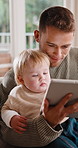 Home, tablet and father with baby for bonding together, smile or educational game to relax. Tech, toddler and happy dad with child for learning, growth or connection with development app on internet