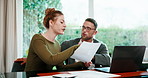 Conflict, couple or finance with paperwork in home for account arrears, transaction history or debt. Marriage, fight and people with invoice for missed bills, savings withdrawal and budget dishonesty
