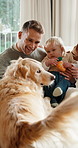 Father, baby and dog with smile on couch for care, play and love for bonding or connection in home. Dad, parent and child in living room for pet animal, stroke and relax on sofa at family house