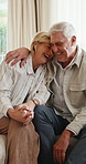 Laugh, hug and old couple in home with love, bonding and happy together in living room. Humor, senior man and elderly woman with support for care, trust and relationship or marriage for retirement