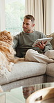 Happy, tablet and man with dog on sofa for bonding, trust and relax with internet on weekend. Smile, home and person with Golden Retriever, stroke and petting on tech for website, connection or chill