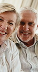 Face, hug and old couple in home with love, bonding and happy together in living room. Portrait, senior man and elderly woman with support for care, trust and relationship or marriage for retirement