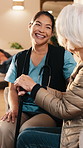 Health, old woman and nurse talk in retirement home for stroke recovery, wellness checkup or happy. Homecare, caregiver or senior person with cane for mobility progress, medical support or compassion