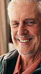 Face, smile and old man with dental wellness, orthodontics and laugh with oral health at home. Portrait, teeth or happy person with mouth hygiene for fresh breath, gum care or confident in retirement