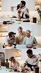 Cooking, family and montage of people in kitchen for bonding with meal prep, lunch and supper. Happy, home and series of parents, couple and grandparents on tech for recipe, connection and dancing