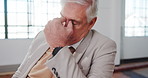 Architect, man and headache in office with stress, design fail and difficult decision for project. Tired, mature person and migraine in business for architecture challenge, problem solving or crisis.