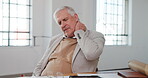 Neck pain, tired or man in office with massage, burnout or joint strain in muscle injury. Tendinitis, bad posture or mature employee in agency with discomfort, stiffness or fatigue in cervical sprain