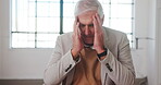 Headache, tired and mature man in office with massage, frustrated and tension with discomfort. Pain, fatigue and employee in agency with migraine, burnout pressure and sore head with dizziness. 