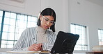 Architect, notebook or woman in workplace with tablet, design plan or draft of renovation strategy. Writing, digital and engineer with tech, progress checklist or research for remodeling project.