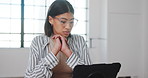 Creative, reading and woman with laptop in office, graphic designer and planning for project on web. Employee, online and person with tech, brand identity and review design assignment in business