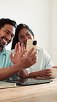 Video call, happy and couple with phone in home for communication, bonding and networking on weekend. Wave, technology and man with woman on cellphone for virtual conversation in house together.