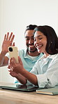 Video call, smile and couple with phone in home for communication, bonding and networking on weekend. Wave, technology and man with woman on cellphone for virtual conversation in house together.
