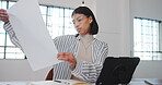 Architect, woman and tablet in office with blueprint for civil engineering, research and internet. Female engineer, tech and document, floor plan or infrastructure development with strategy on app